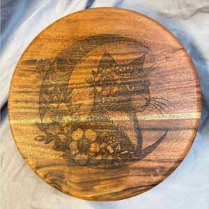 Cat Engraved Wood Plant Stand